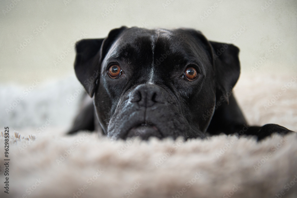Porträt eines schwarzen Boxer Mischling Porträt eines schwarzen Boxer Mischling
