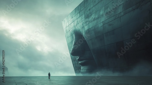 Monumental face sculpture in foggy landscape, evoking surrealism and introspection, perfect for art, psychology, and mysterythemed projects photo