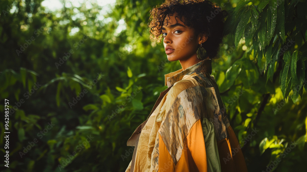 Naklejka premium Portrait of a Young Woman with Curly Hair in a Forest Setting