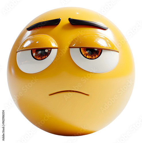 Yellow emoji with a displeased expression and detailed eyes isolated on transparent background