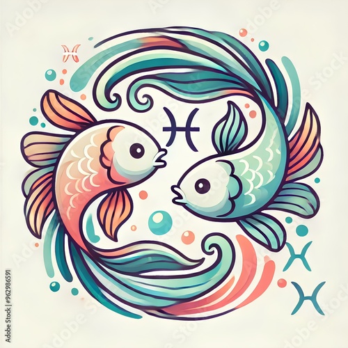 Wallpaper Mural A cartoon Pisces with two fish swimming in opposite directions, featuring flowing fins and gentle expressions. Torontodigital.ca