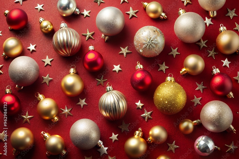 Festive christmas decorations with glittering baubles and golden stars on red background Festive christmas decorations with glittering baubles and golden stars on red background