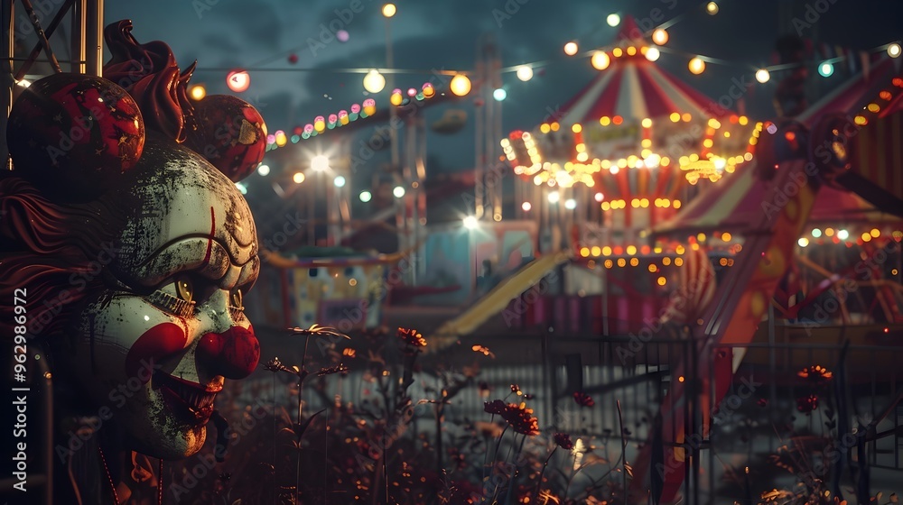 Obraz premium Nightmarish Twisted Carnival with Sinister Rides and Grotesque Clowns in Flickering Lights