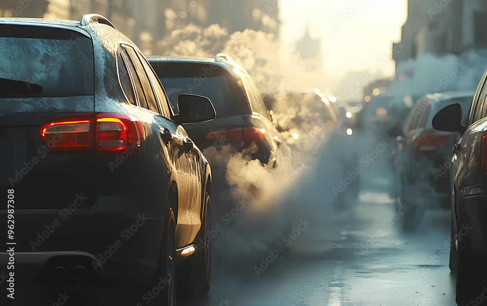 Cars idle on a city street releasing steam. Cars idle on a city street releasing steam.