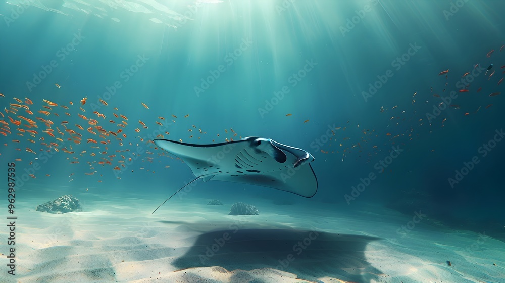 Naklejka premium Peaceful Manta Ray Gliding Over Sandy Ocean Floor with Vibrant Fish School