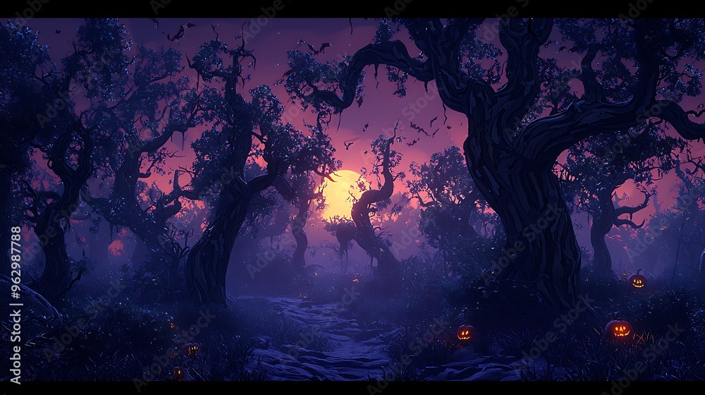 Fototapeta premium Jack-o-lanterns and bats light the way down a dusky Halloween forest path.
