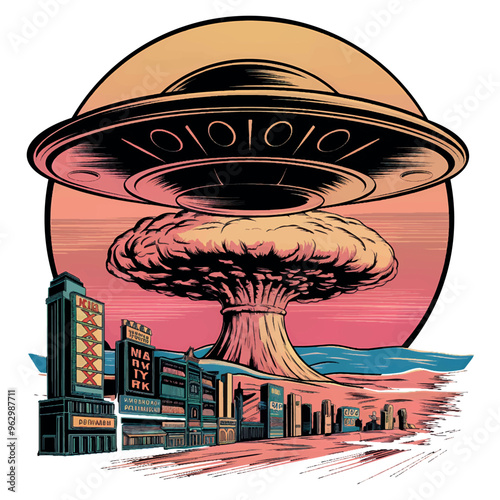 Retro Vector Alien Invasion UFO above the city with atomic bomb