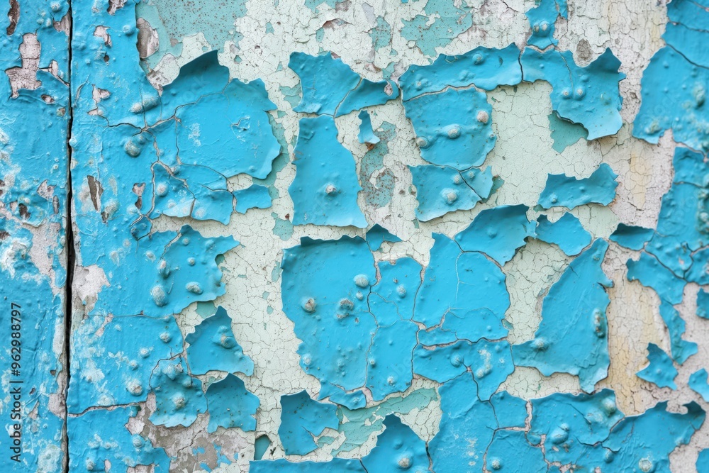Weathered blue paint surface shows peeling layers revealing wall beneath. Decaying colors mix with green and brown hues. Close-up view from elevated angle captures deterioration stages. Weathered blue paint surface shows peeling layers revealing wall beneath. Decaying colors mix with green and brown hues. Close-up view from elevated angle captures deterioration stages.