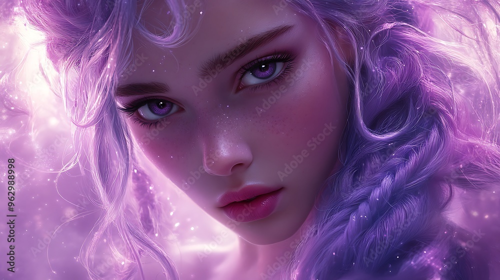 A close-up portrait of a young woman with purple hair and sparkling eyes. A close-up portrait of a young woman with purple hair and sparkling eyes.