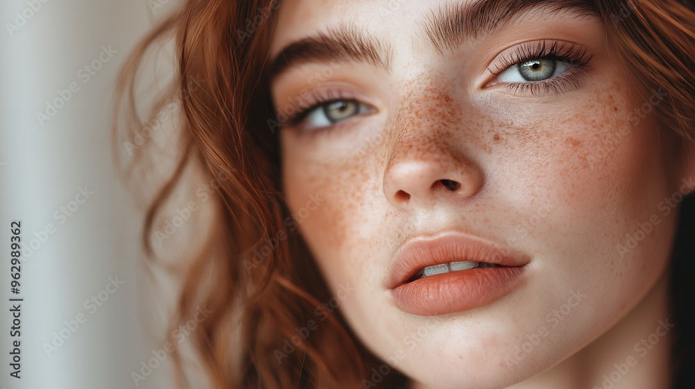Close up portrait of a woman with freckles and red hair, looking at the camera. Close up portrait of a woman with freckles and red hair, looking at the camera.