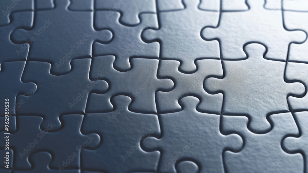 Close-Up of Dark Metallic Puzzle Pieces Arranged in a Grid Pattern with Interlocking Edges and a Cool Close-Up of Dark Metallic Puzzle Pieces Arranged in a Grid Pattern with Interlocking Edges and a Cool