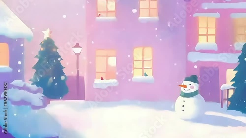 A cute Christmas illustration of a playful snowman, with tiny birds, standing in a snowy village. 4K background material for loop playback