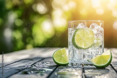 Glass of sparkling cold water with lime wedges and ice outdoors on a wooden table with summer background. 