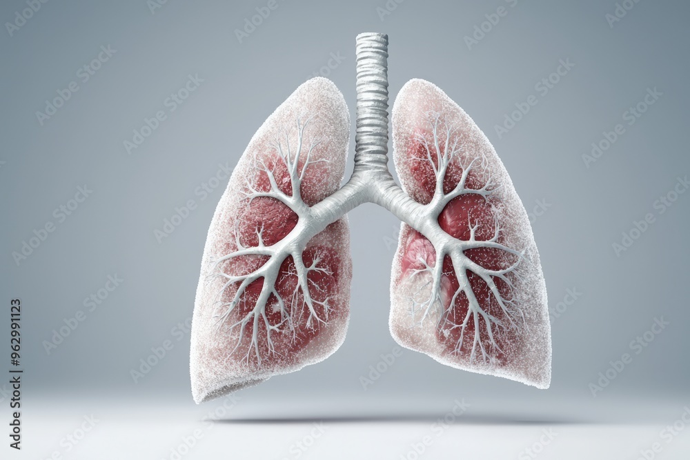 Cross-section of lungs showing air sacs rupturing, Digital illustration, Soft glowing edges, Muted tones of red and gray, High contrast, Medical diagram style Cross-section of lungs showing air sacs rupturing, Digital illustration, Soft glowing edges, Muted tones of red and gray, High contrast, Medical diagram style