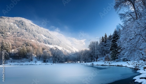 Winter scene with frozen lake