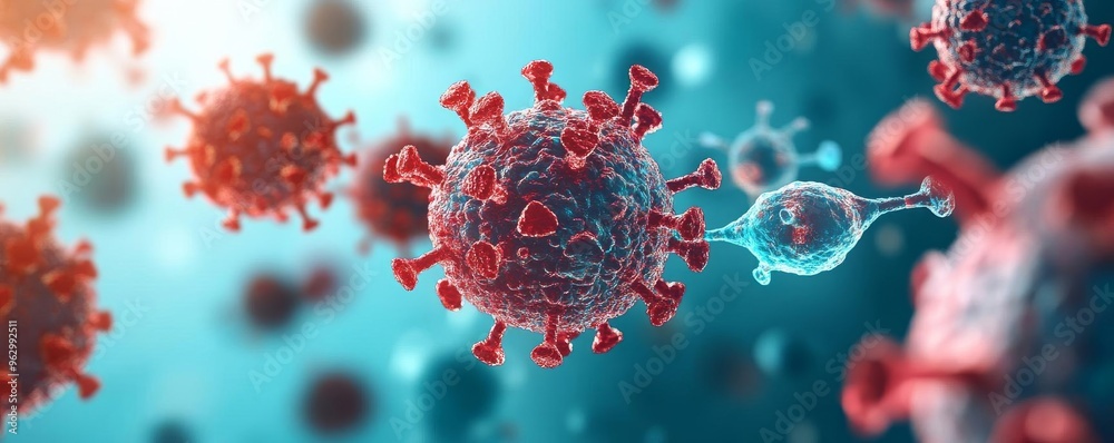 Digital visualization of synthetic immune cells attacking a virus, biotechnology