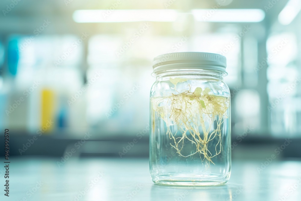 Biotechnology science laboratory glass bottle of green plant tissue culture