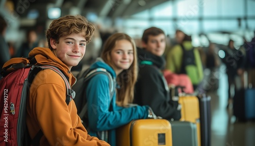 Group of teens at an airport with suitcases, ready to embark on a gap year journey, highlighting travel, learning, and cultural experiences. Teen adventurers Gap year travel photo