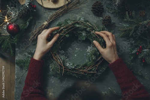 Work shop worker's hands making a holiday wreath.