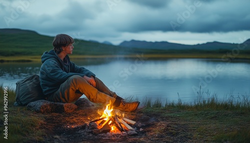 Teenager sitting by a campfire in a remote location, reflecting on life during a gap year of solo travel and self-reflection. Gap year journey photo