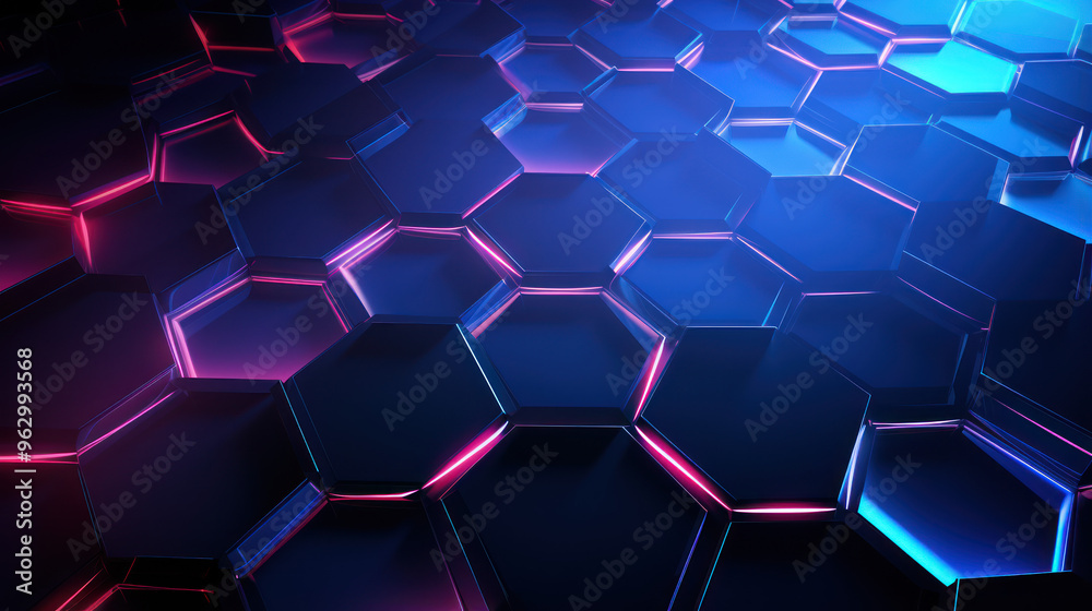 Hexagon background. Close-up surface made up of hexagonal. Honeycomb pattern. Illuminated outlines. Three-dimensional, depth, futuristic, geometric and colorful design. Dynamic lighting with rays. Hexagon background. Close-up surface made up of hexagonal. Honeycomb pattern. Illuminated outlines. Three-dimensional, depth, futuristic, geometric and colorful design. Dynamic lighting with rays.