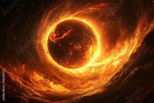 Fiery cosmic portal within a dynamic, swirling nebula with intense heat and light