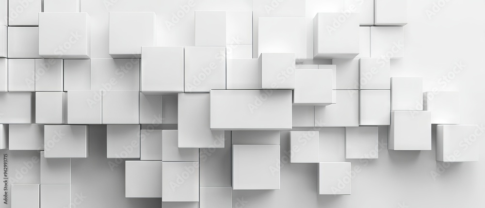 Abstract 3d white cube boxes with random shifting patterns, geometric block design for background, wallpaper, or banner with copy space Abstract 3d white cube boxes with random shifting patterns, geometric block design for background, wallpaper, or banner with copy space