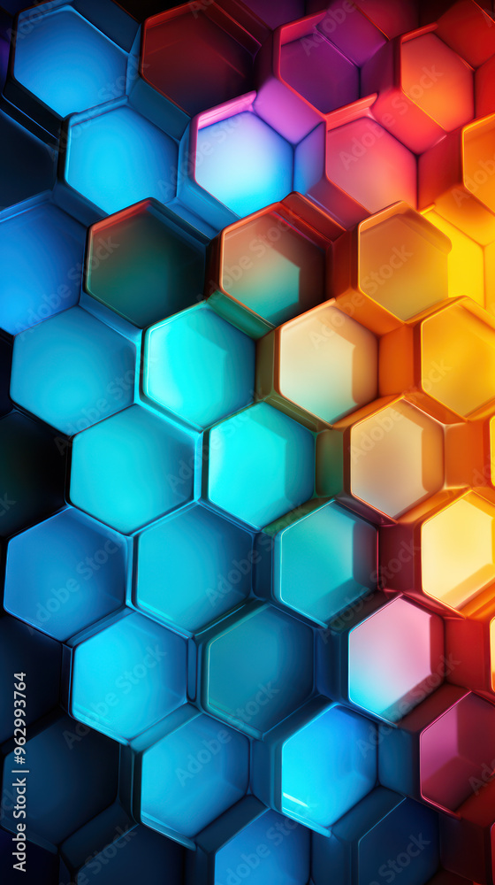 Hexagon background. Close-up surface made up of hexagonal. Honeycomb pattern. Illuminated outlines. Three-dimensional, depth, futuristic, geometric and colorful design. Dynamic lighting with rays. Hexagon background. Close-up surface made up of hexagonal. Honeycomb pattern. Illuminated outlines. Three-dimensional, depth, futuristic, geometric and colorful design. Dynamic lighting with rays.