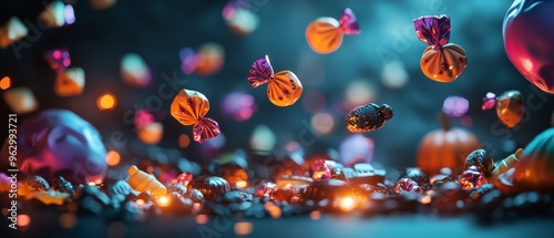 Enchanting Halloween Candy Display with Levitating Sweets and Glowing Wrappers on Eerie Background