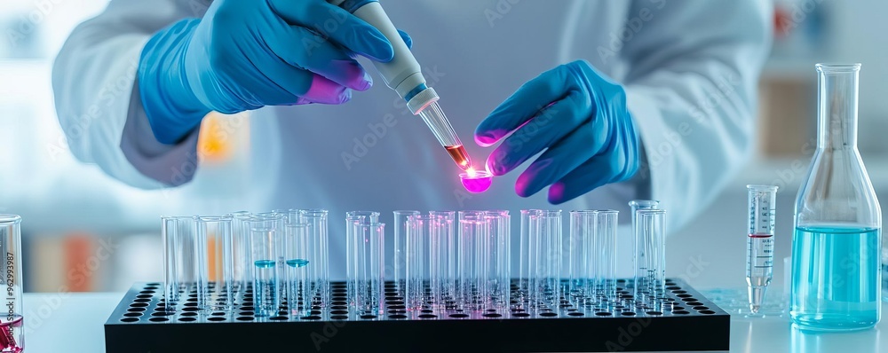 Lab technician using a pipette to transfer glowing liquid into test ...