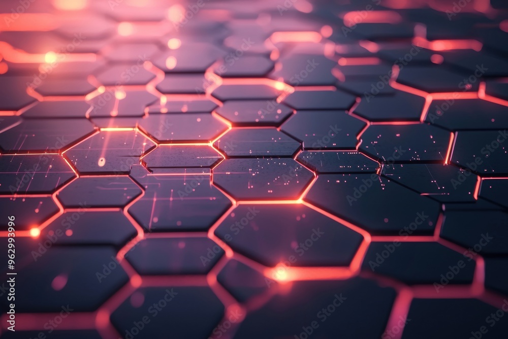 Obraz premium Mesmerizing digital abstract background with glowing hexagonal pattern and luminous geometric shapes