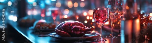 Futuristic Thanksgiving Celebration with Holographic Turkeys and Digital Place Settings, Tradition meets Technology in Empty Space for Text