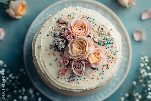 birthday cake top view with Colorful frosting,  and decoration. detailed , texture of sprinkles and icing, isolated dessert, new beautiful stock image illustration AI