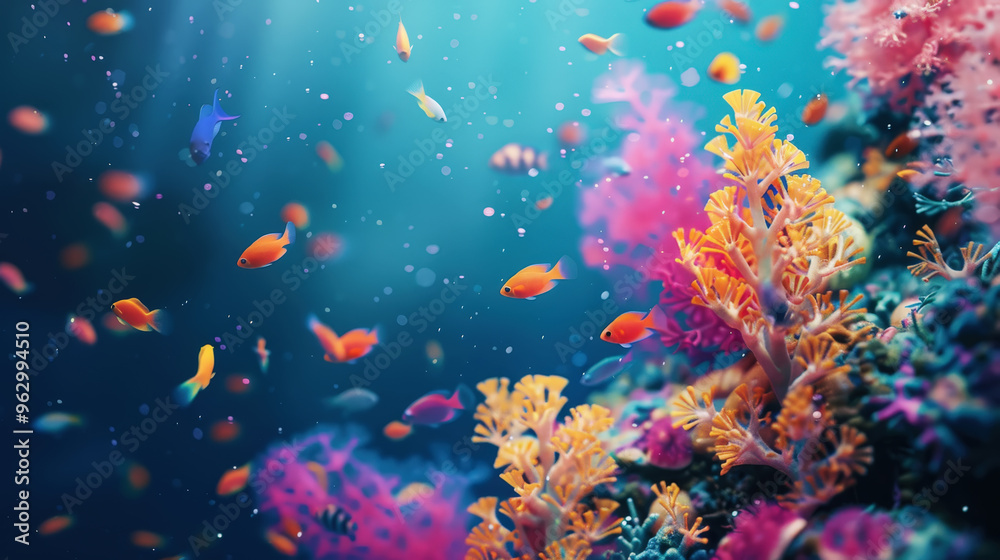 Fototapeta premium Exotic oceanic colorful fluorescent coral reef with fishes on blue background. Aquarium hobby. Generative AI