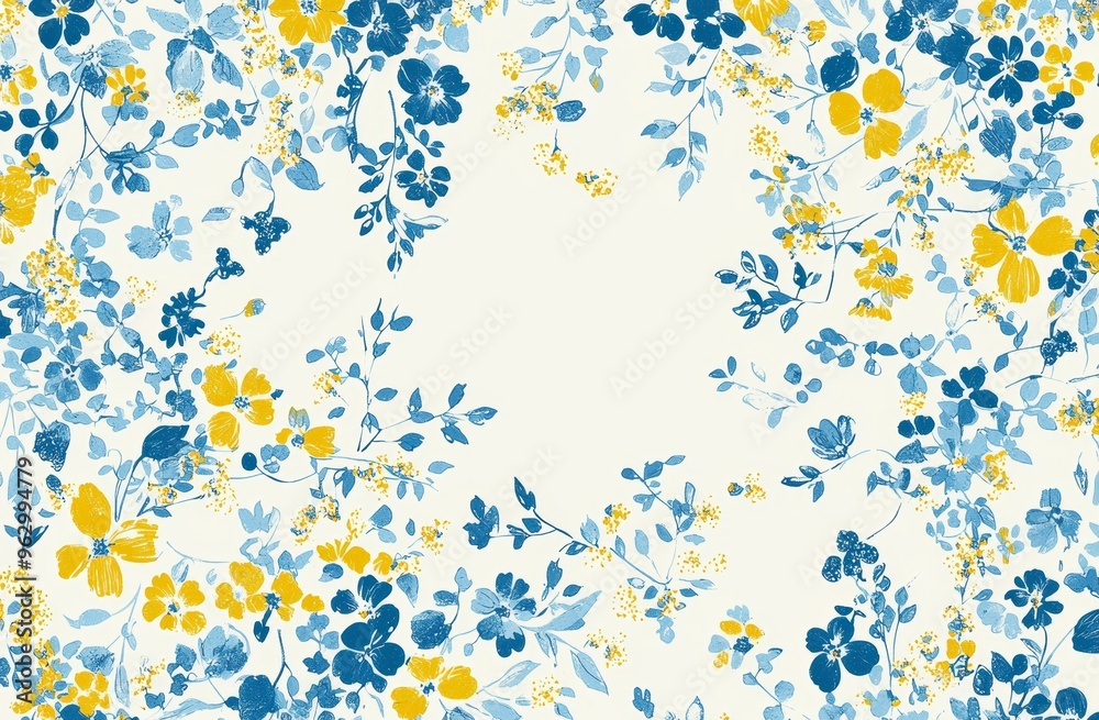 Print of blue and yellow flowers on a white background. Print of blue and yellow flowers on a white background.