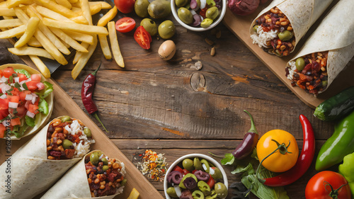 Delicious Mexican cuisine spread, wooden table top