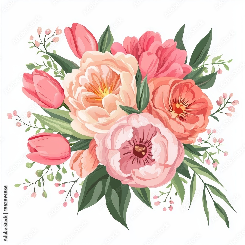 Flowers bouquet of roses and tulips. Design with blossoms and branches of flowers. Modern illustration. Flowers bouquet of roses and tulips. Design with blossoms and branches of flowers. Modern illustration.