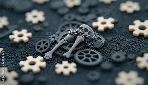 Bones wrapped in chains, symbolizing the weakening structure in osteoporosis, Steampunk, 3D rendering, Dark metallic tones, Intricate gears, Dull lighting photo