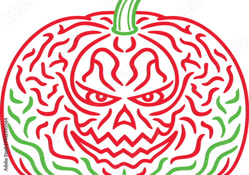 Vector Illustration of Haunted Pumpkin with Complex Vine Patterns
 photo