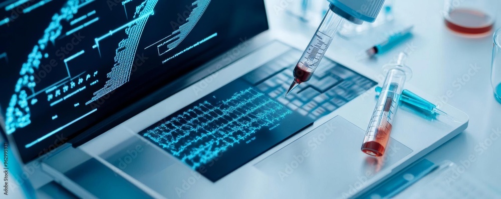 Fototapeta premium Virtual biolab with digital genetic modification, biotechnology