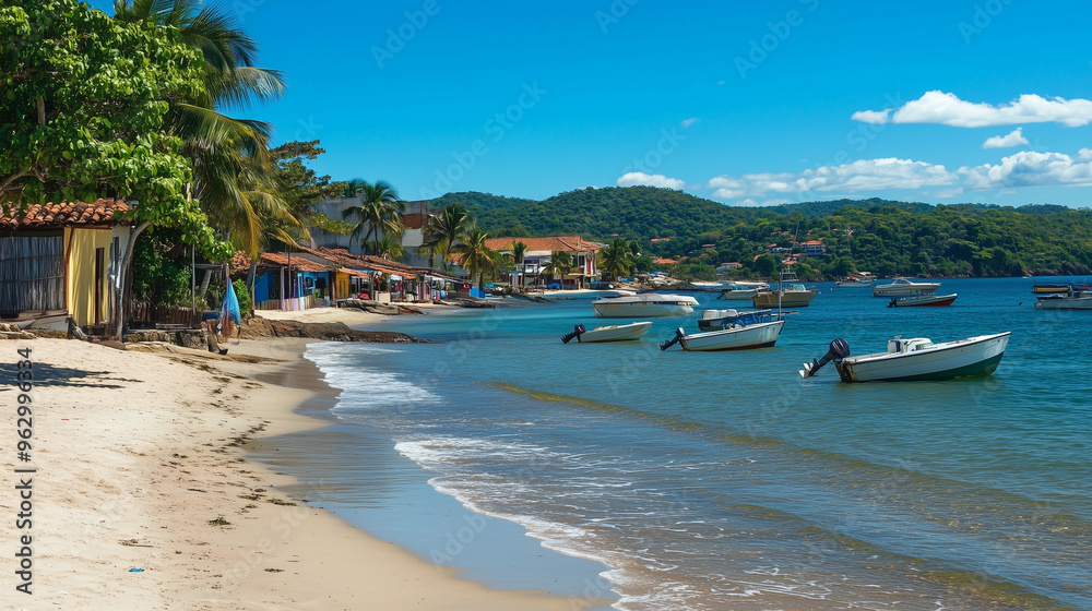 Obraz premium The image depicts a sunny beach with boats moored to the shore in a bay. In the background, green hills and colorful houses along the coastline are visible