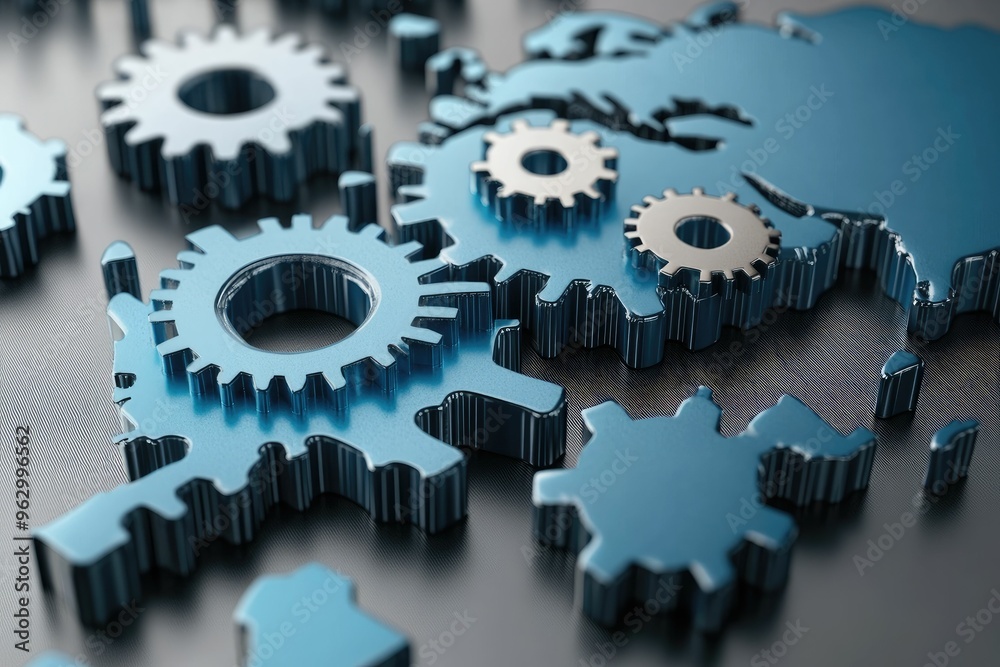 Interlocking blue gears on a wooden surface. Interlocking blue gears on a wooden surface.