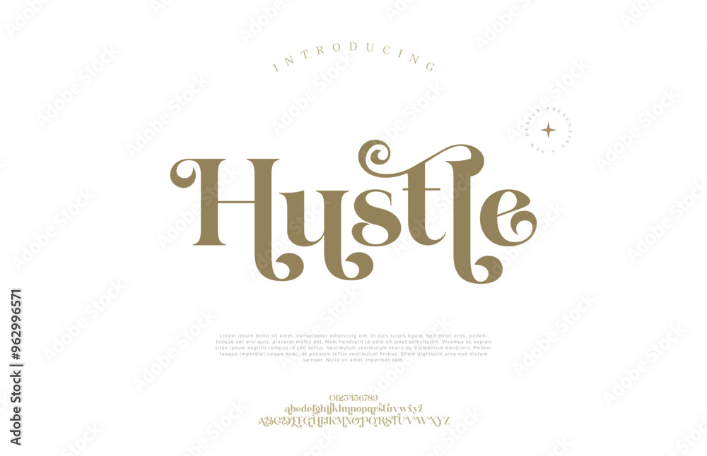 Hustle elegant luxury abstract wedding fashion logo font alphabet. Minimal classic urban fonts for logo, brand etc. Typography typeface uppercase lowercase and number. vector illustration