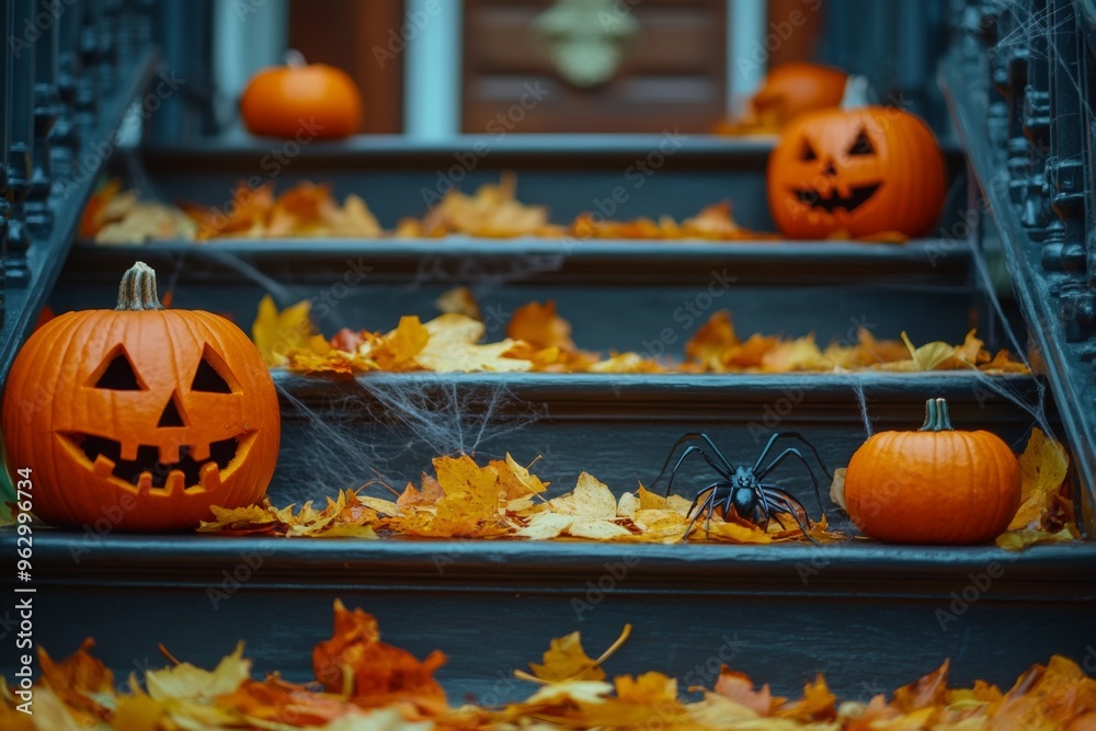 Fototapeta premium modern house decorated for halloween with pumpkins and autumn leaves. AI generated