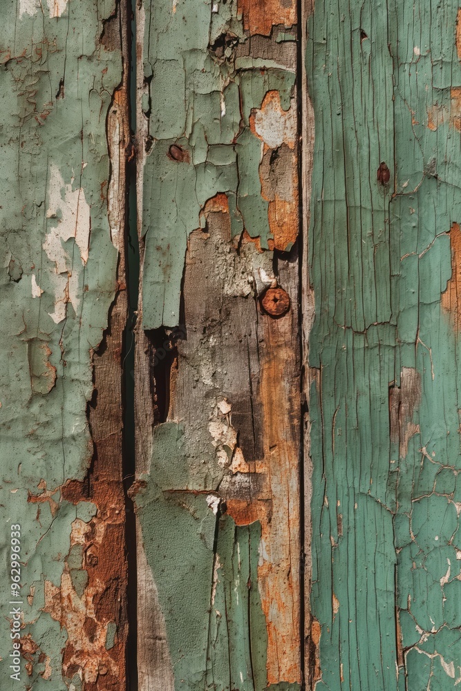 Weathered wooden surface with distressed texture, peeling paint reveals layers of wood. Rusty areas, green and brown hues. Elevated view focuses on worn wood, blurred background.