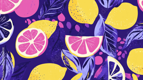 Trendy playful lemons pattern, hand drawn, minimalist, violet and pink colores. Wallpapers. Generative AI photo