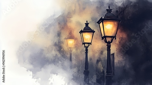 Watercolor painting of street lamps glowing in a foggy night.