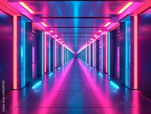 row of cubes arranged in perfect symmetry, stretching into the distance, glowing edges under neon lighting