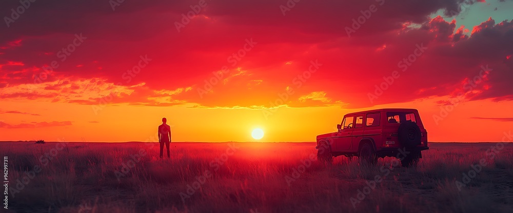Fototapeta premium A silhouette of a man standing in a field with a car in the background and a sunset.