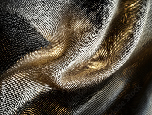 Jacquard fabric stretched across a large frame: modern, abstract design with metallic gold and silver threads photo